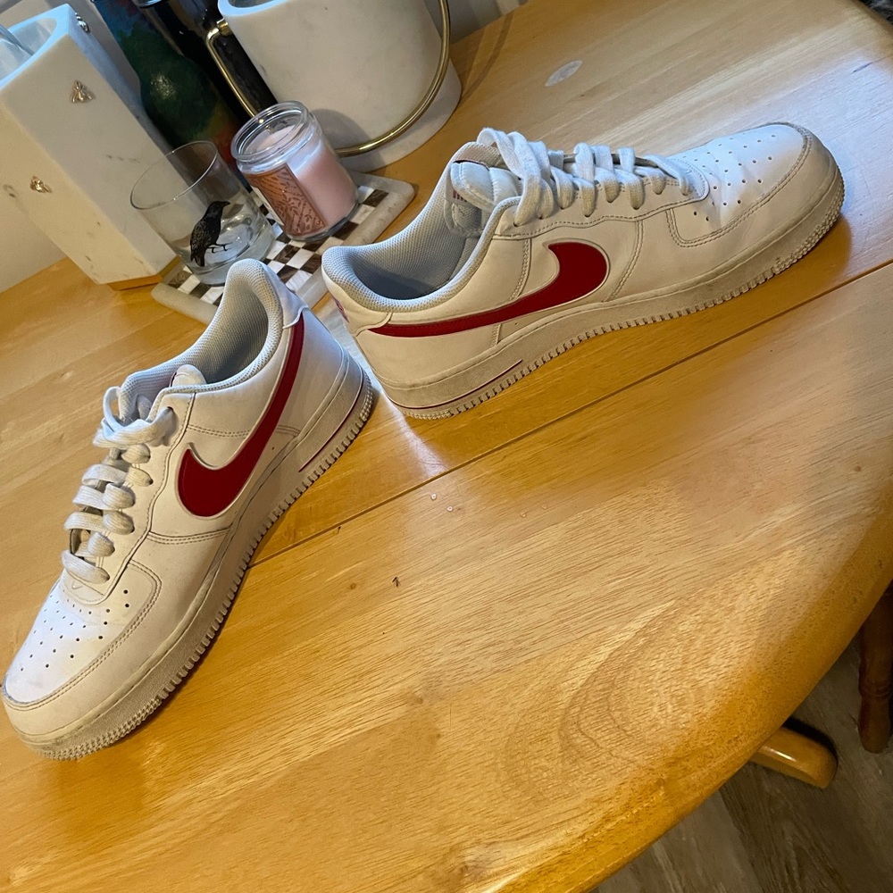 Size 10.5 Red and White Nike Air Force Ones
